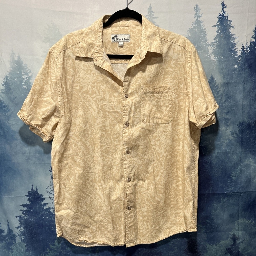 Oliver & Burke Shirt Men's Large Beige & White Floral Hawaiian‎ Short Sleeve